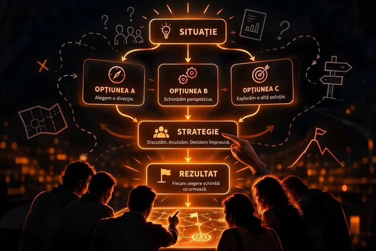 Echipă care lucrează împreună la un joc de strategie
